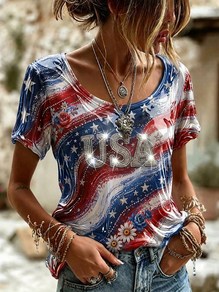 Cardydony Women's Retro Independence Day Pattern Casual Short-sleeve Top