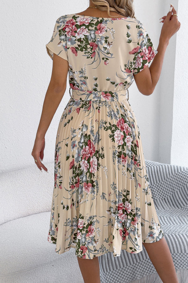 Cardydony Women's Floral Print Round Neck Fitted Waist Tie Pleated Midi Dress