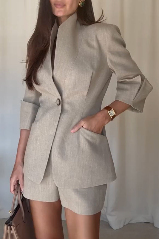 Cardydony Women's Devora Linen Blend Stand Lapel Neck Half Sleeve Button Pocket Blazer and High Rise Shorts Set