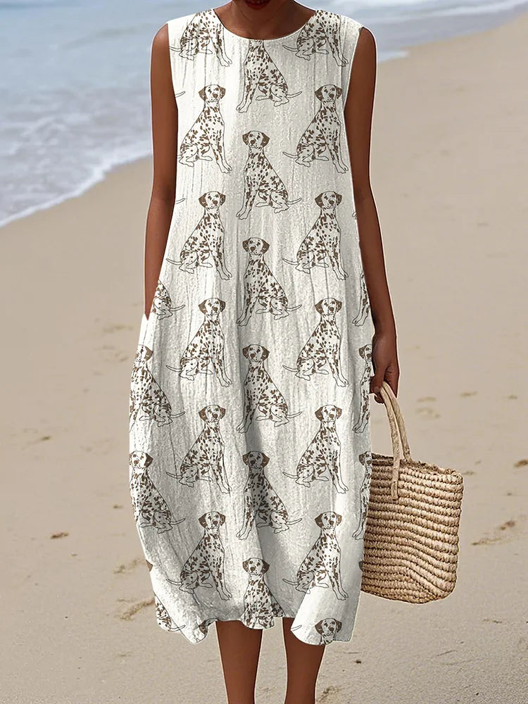 Cardydony Retro Cute Dalmatian Dog Art Linen Tank Midi Dress