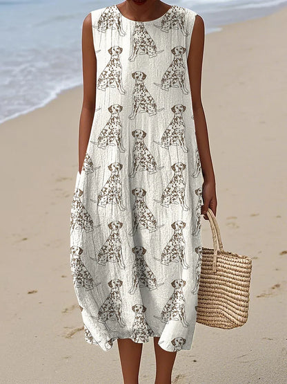 Cardydony Retro Cute Dalmatian Dog Art Linen Tank Midi Dress