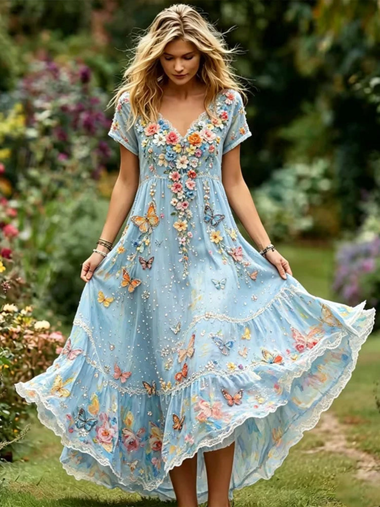 Cardydony Women's Floral And Butterfly Art Linen Blend Casual Short Sleeve Dress