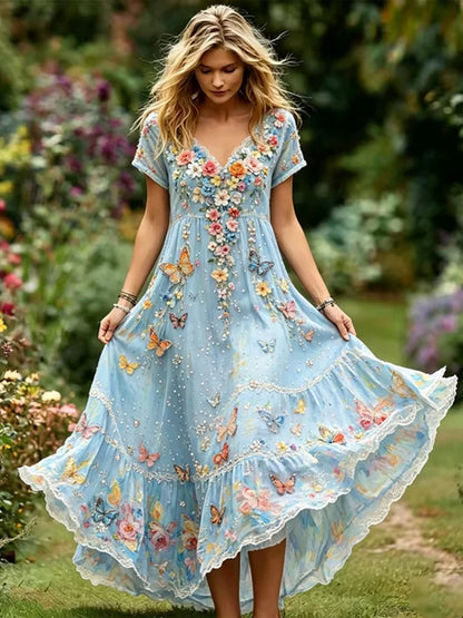 Cardydony Women's Floral And Butterfly Art Linen Blend Casual Short Sleeve Dress