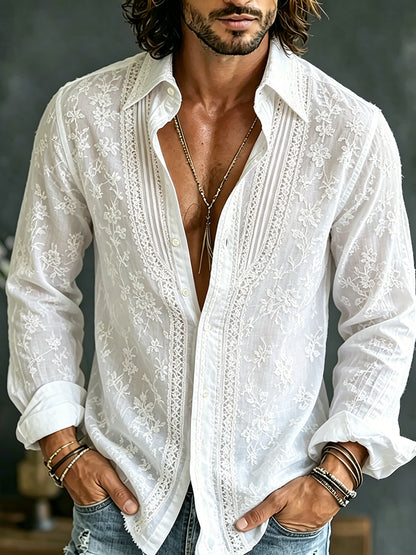 Cardydony Retro White Floral And Lace Art Cotton Linen Casual Long Sleeve Shirt