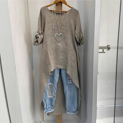 Cardydony Retro Short Front And Long Back Round Neck Loose Shirt