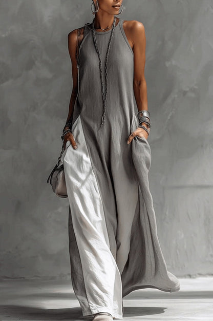 Cardydony Women's  Stylish Color-blocked Round Neck Sleeveless Casual Pocket Loose Maxi Dress