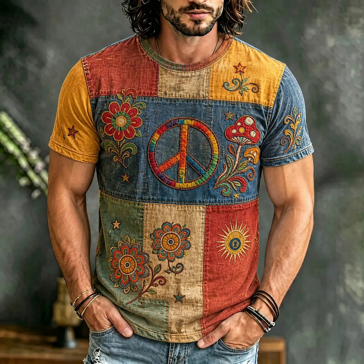 Cardydony Men's Vintage Hippie Flower Peace Art Patchwork Design Short Sleeve T-shirt