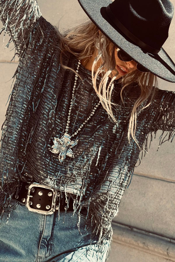 Cardydony Women's Party Crasher Sequin Tassle Fabric Long Sleeve Loose Top