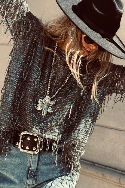 Cardydony Women's Party Crasher Sequin Tassle Fabric Long Sleeve Loose Top