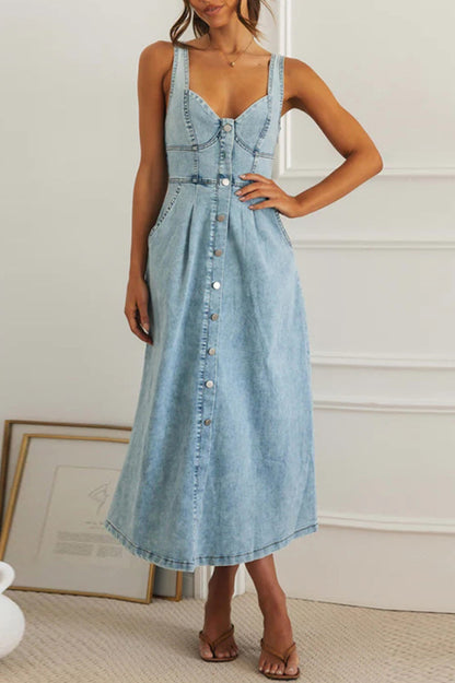 Cardydony Women's Stylish Single-breasted Fitted Waist Gathered Back Denim Maxi Dress