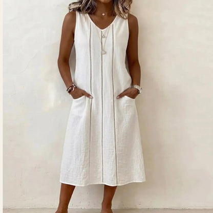 Cardydony Women's Solid Color V-neck Sleeveless Vest Midi Dress