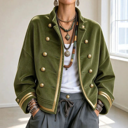 Cardydony Women's Fall Winter Cozy Napoleonic Stand-up Collar Gold Trim Double-breasted Button Corduroy Jacket