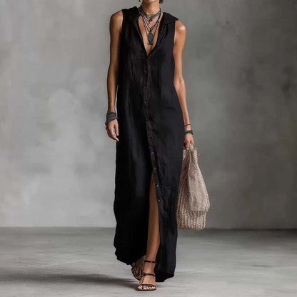 Cardydony Women's Solid Color Button Linen Blend Comfy Maxi Dress