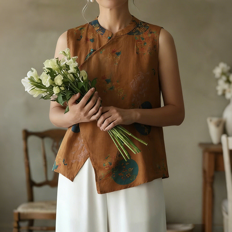 Cardydony Women's Sweet Floral Asymmetrical Sleeveless Linen Blend Tops
