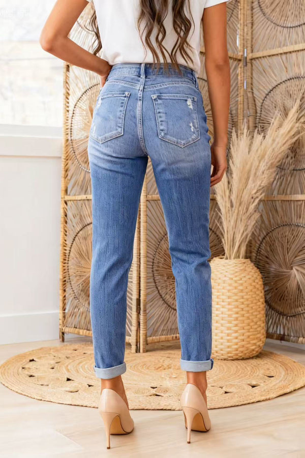 Cardydony Women's Stylish High-waisted Button-down Casual Pocket Ripped Jeans
