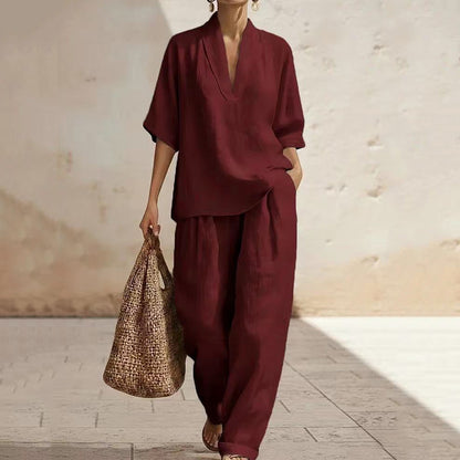 Cardydony Women's Casual Cozy Minimalist Linen Two-piece Set