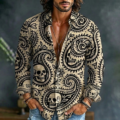 Cardydony Men's Hippie Skull Paisley Art Print Pocket Long Sleeve Shirt
