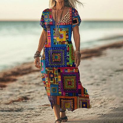 Cardydony Women's Retro Hippie Geometric Art Pattern Linen Blend V-neck Loose Midi Dress