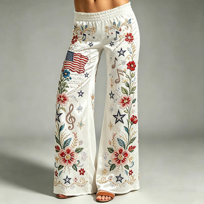 Cardydony Women's Boho Musical Note Floral Vintage American Flag Wide Leg Pants
