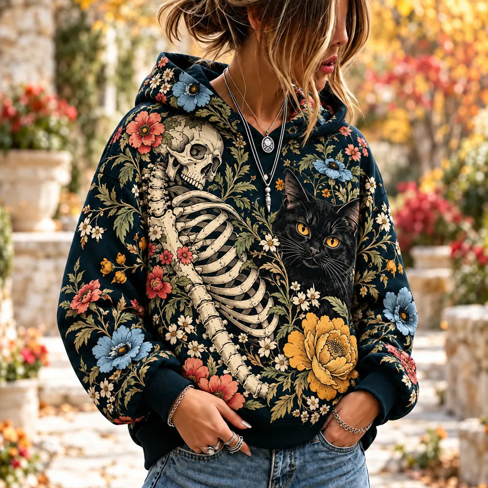Cardydony Women's Floral Skeleton And Black Cat Print Hoodie