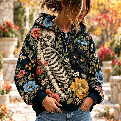 Cardydony Women's Floral Skeleton And Black Cat Print Hoodie