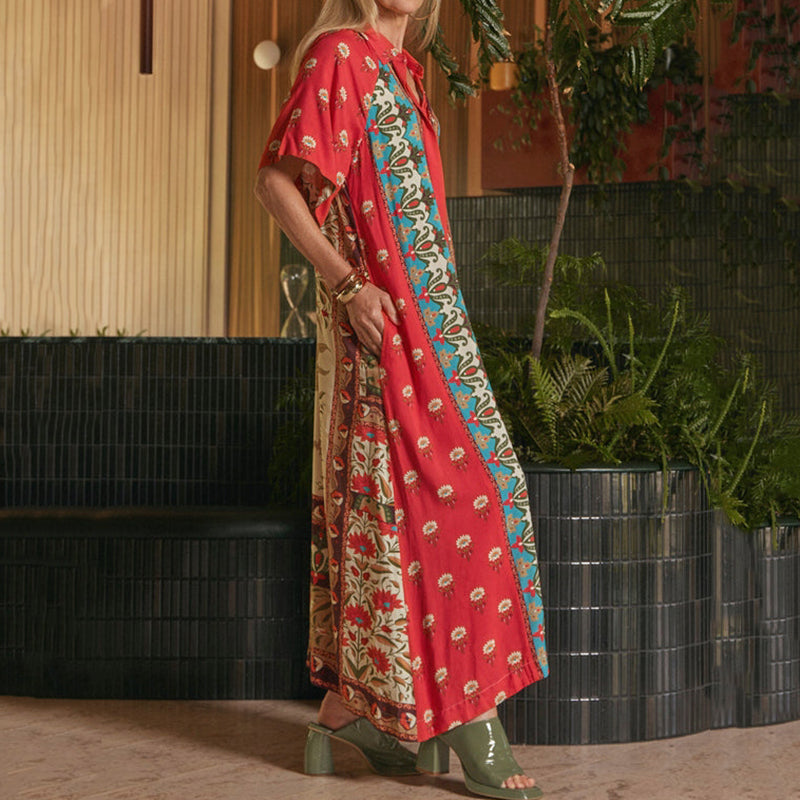 Cardydony Vintage Mediterranean Printed Linen Shirt Dress