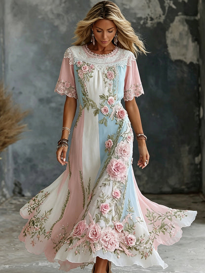 Cardydony Women's Vintage Rose Embroidered Art Patchwork Round Neck Short Sleeve Maxi Dress