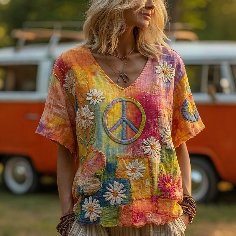 Cardydony Vintage Hippie Peace Daisy Gradient Floral Patchwork Print Linen T-shirt