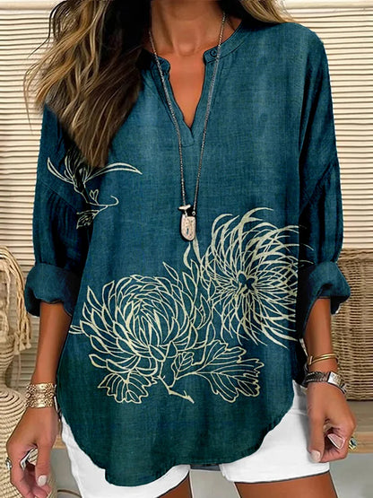 Cardydony Vintage Japanese Floral Art Cozy Linen Tunic