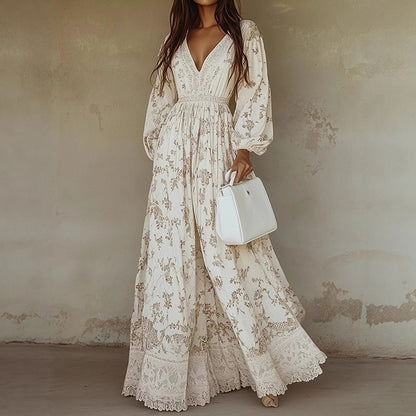 Cardydony Women's Long Sleeve Printed Lace Maxi Dress