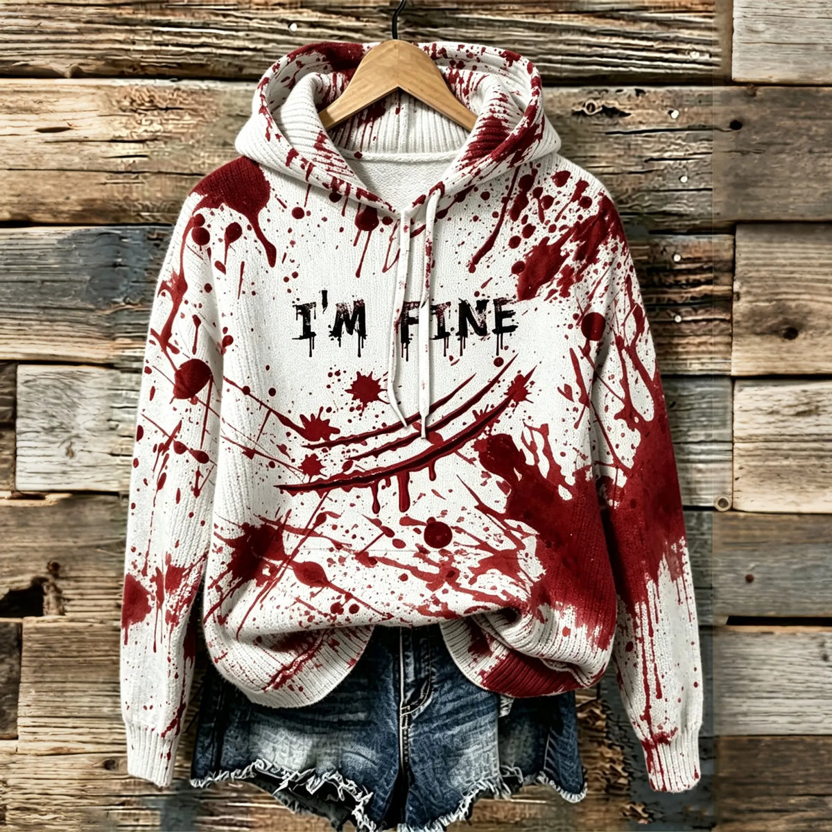 Cardydony Women's Halloween Bloodstain I'm Fine Printed Hooded Sweater