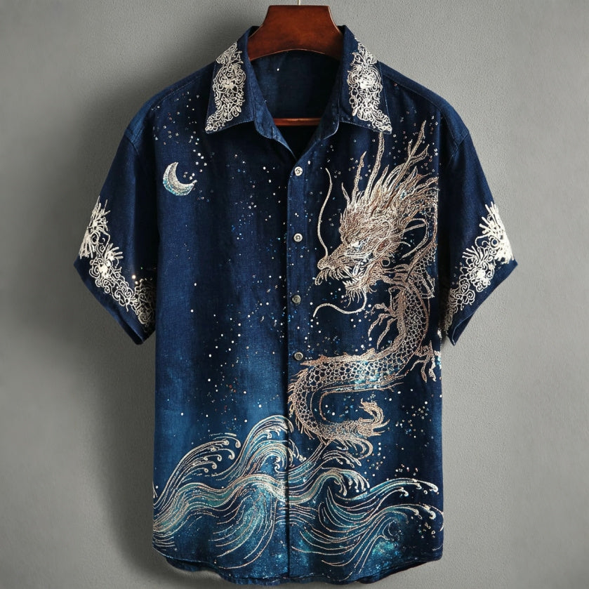 Cardydony Vintage Japanese Style Wave And Dragon Art Casual Shirt