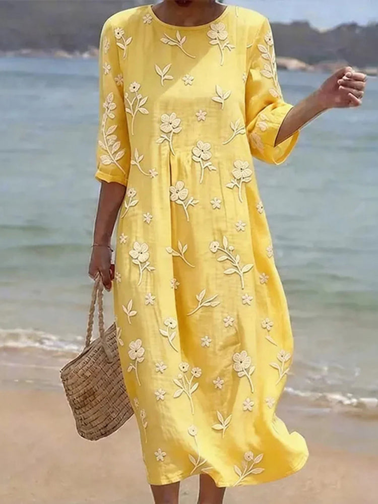 Cardydony Women's Floral Print Round Neck Linen Blend Casual Midi Dress