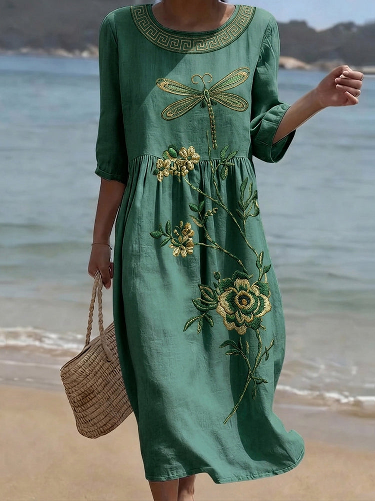 Cardydony Women's Vintage Floral And Dragonfly Art Print Casual Linen Dress
