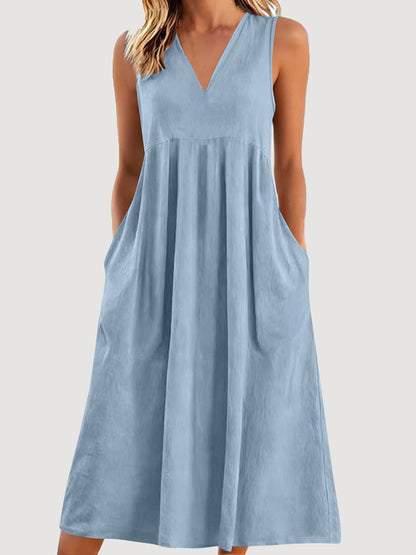 Cardydony Women's Solid Color V-neck Sleeveless Linen Blend Midi Dress