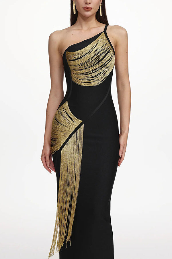 Cardydony Women's Roanna One Shoulder Sleeveless Glossy Tassels Bandage Maxi Dres