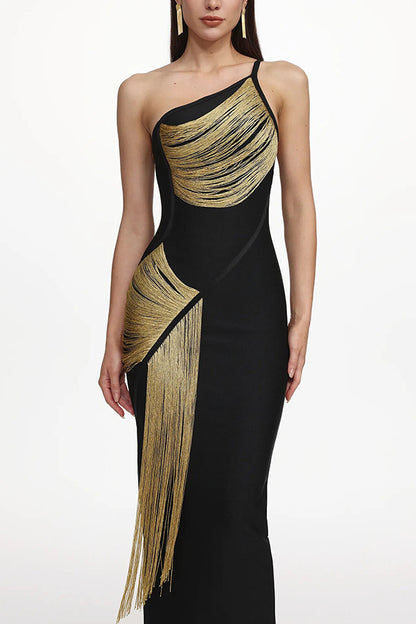 Cardydony Women's Roanna One Shoulder Sleeveless Glossy Tassels Bandage Maxi Dres