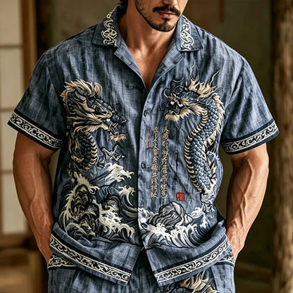 Cardydony Men's Dragon Pattern Wavy Text Vintage Cotton And Linen Short Sleeve Shirt And Shorts Two-piece Set