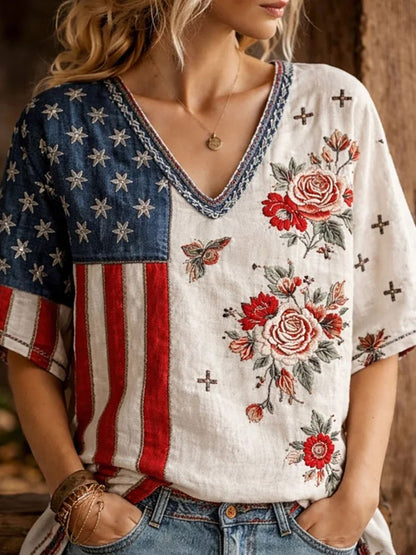 Cardydony Women's Flag Floral Embroidered Printed Linen T-shirt