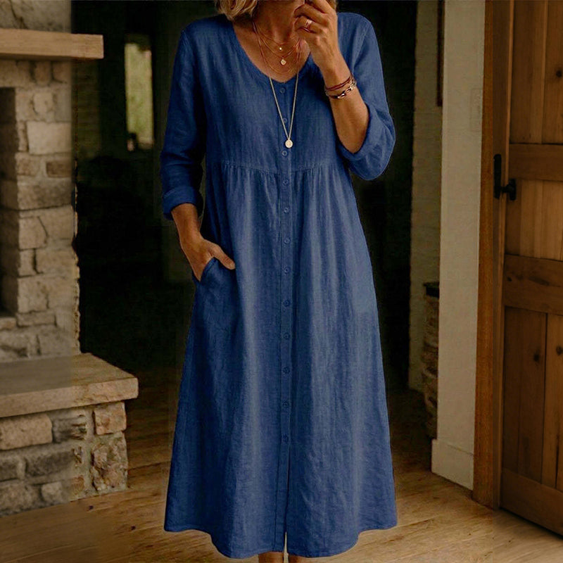 Cardydony Women's Solid Color Buttons Linen Blend Maxi Dress