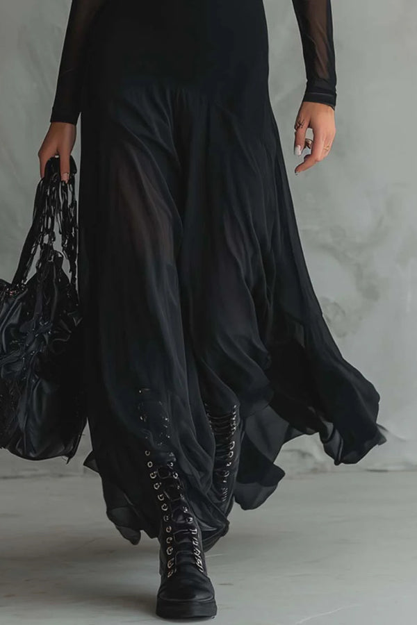 Cardydony Women's Fashionable Mesh-paneled Long-sleeved Slim-fit Maxi Dress