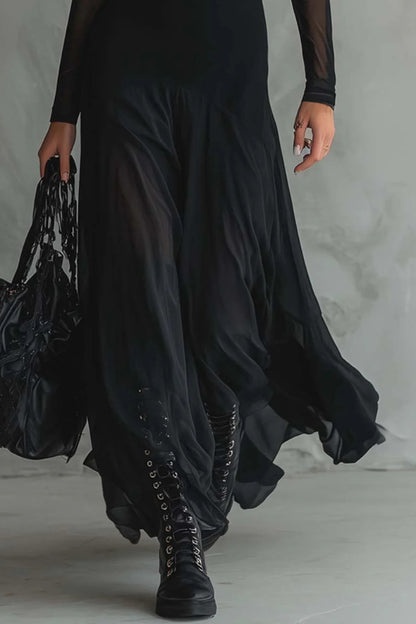 Cardydony Women's Fashionable Mesh-paneled Long-sleeved Slim-fit Maxi Dress