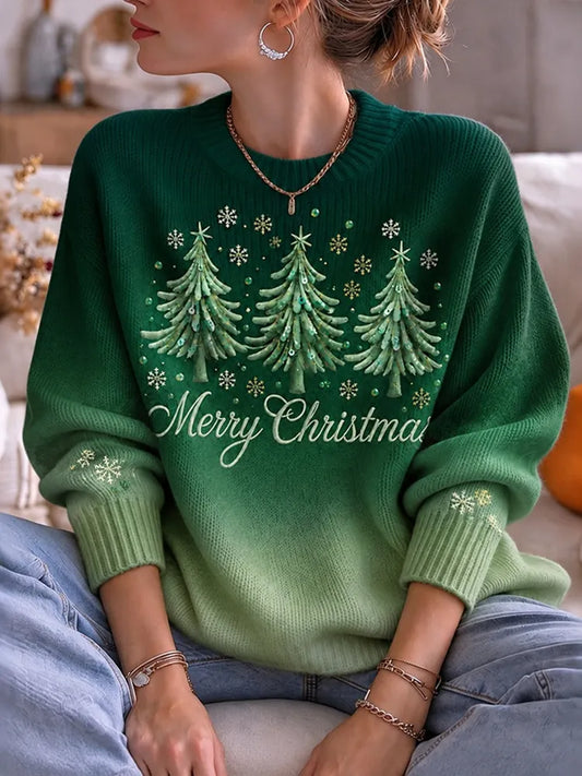 Cardydony Women's Christmas Tree Graphic Relaxed Fit Ombre Green Crewneck Pullover Sweater