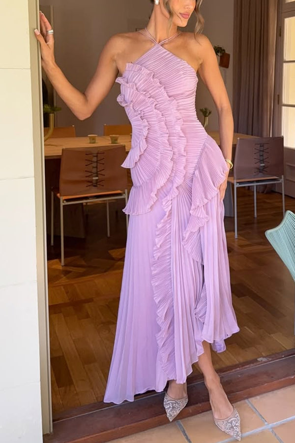 Cardydony Women's Dream Ode Lily Pad Style Pleats and Ruffles Halter Gown Maxi Dress