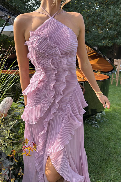 Cardydony Women's Dream Ode Lily Pad Style Pleats and Ruffles Halter Gown Maxi Dress