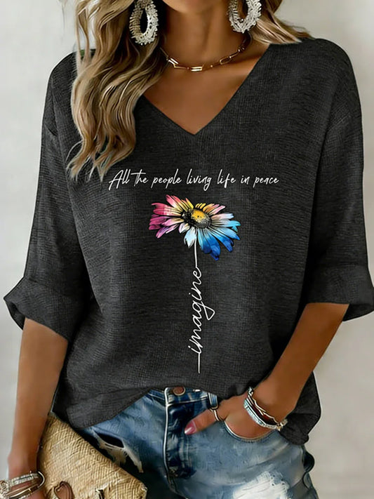 Cardydony Imagine All The People Living Life In Peace Cotton Linen Long-sleeve V-neck T-shirt