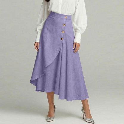 Cardydony Women's Casual Retro Irregular Ruffles Button Cotton And Linen Skirt