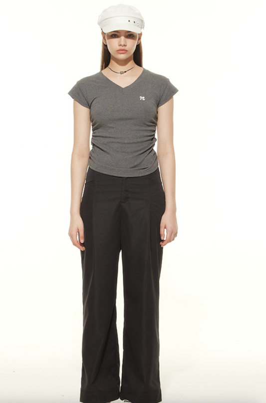Cardydony Women's Chic V-Neck Ruched Slim-Fit T-Shirt