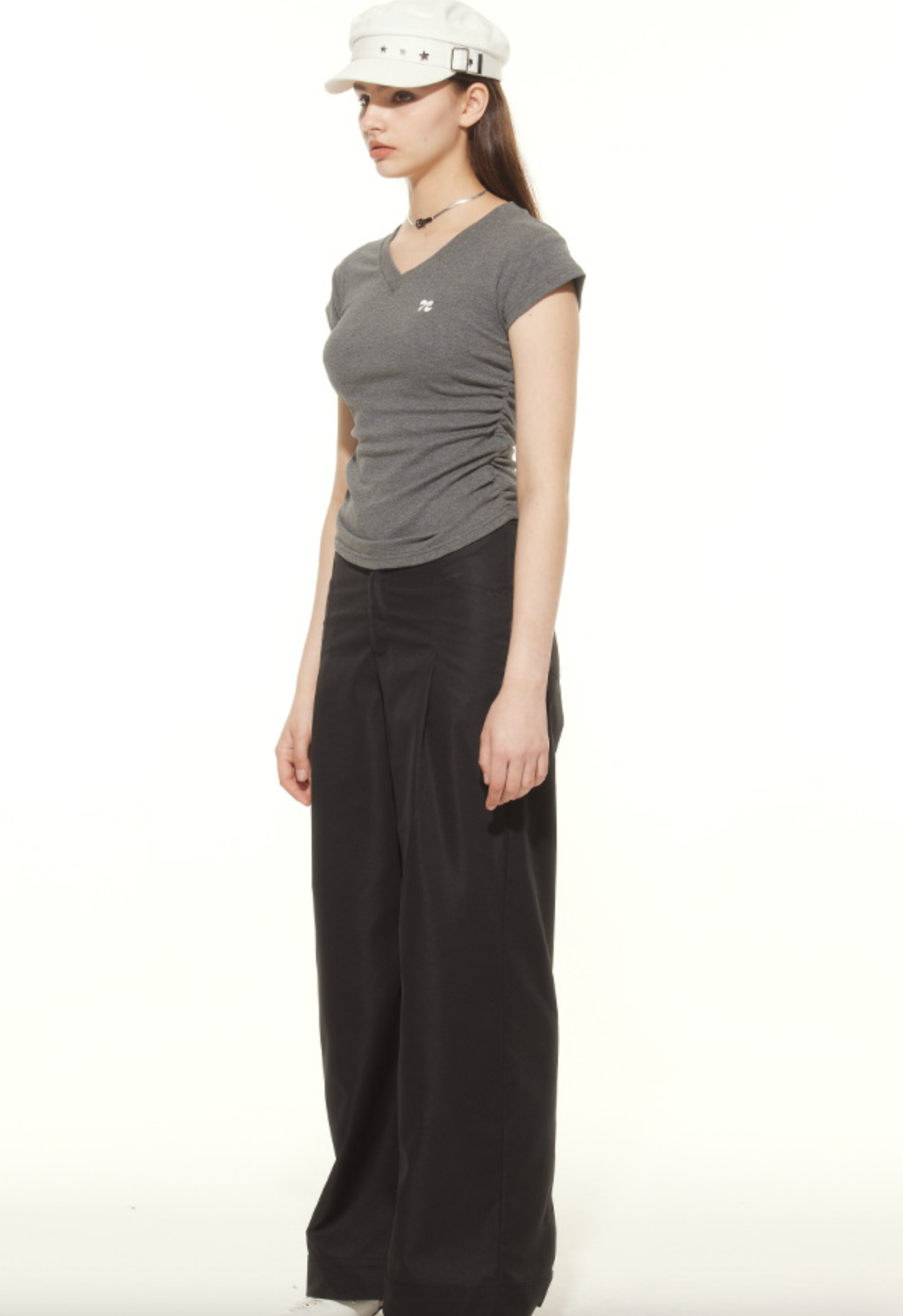 Cardydony Women's Chic V-Neck Ruched Slim-Fit T-Shirt