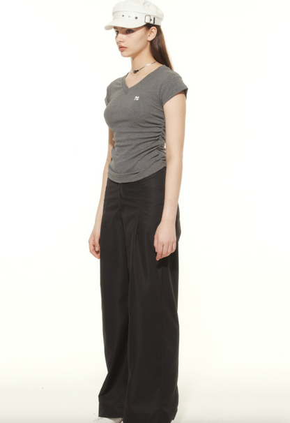 Cardydony Women's Chic V-Neck Ruched Slim-Fit T-Shirt